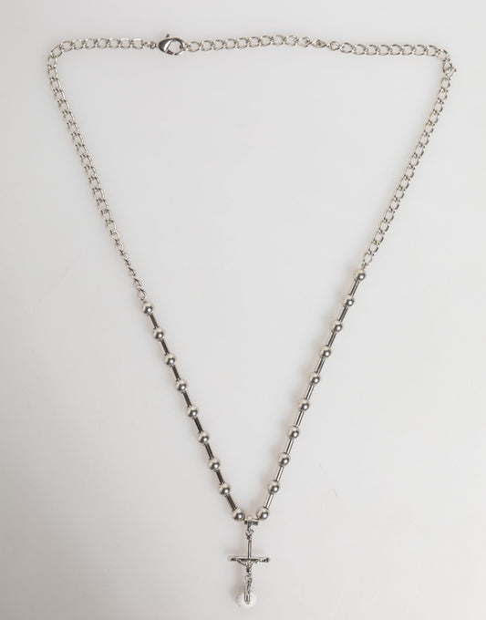 Silver Tone Brass Chain Religious Cross Pendant Necklace