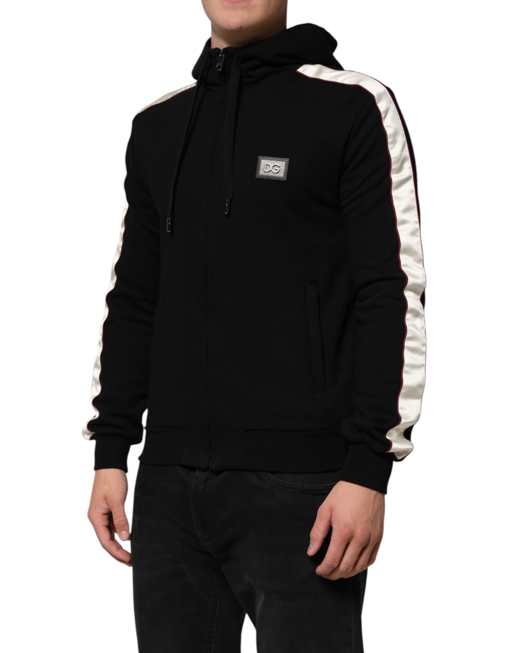 Black Cotton Plaque Track Cardigan Sweater