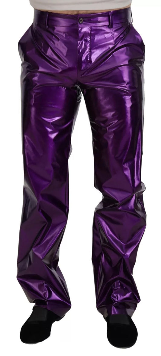 Purple Metallic Nylon Straight Trouser Pants