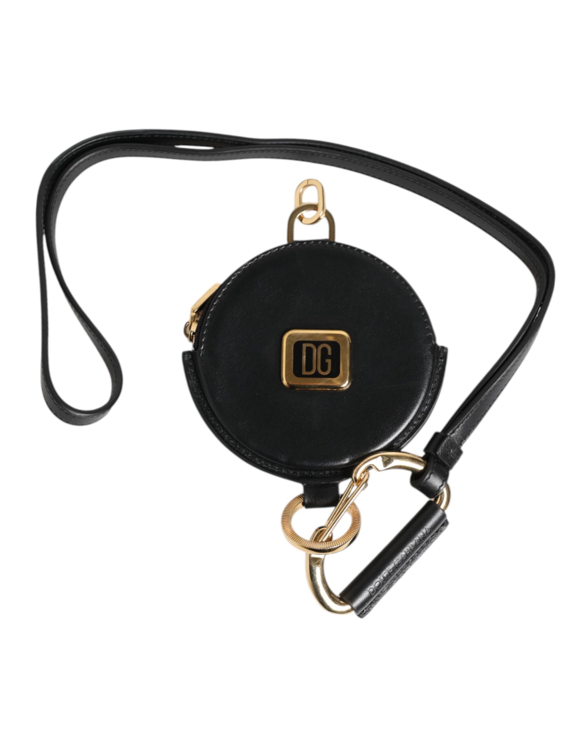 Cartera redonda de cuero negro DG Logo Coin Purse Lanyard