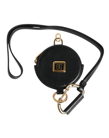 Cartera redonda de cuero negro DG Logo Coin Purse Lanyard