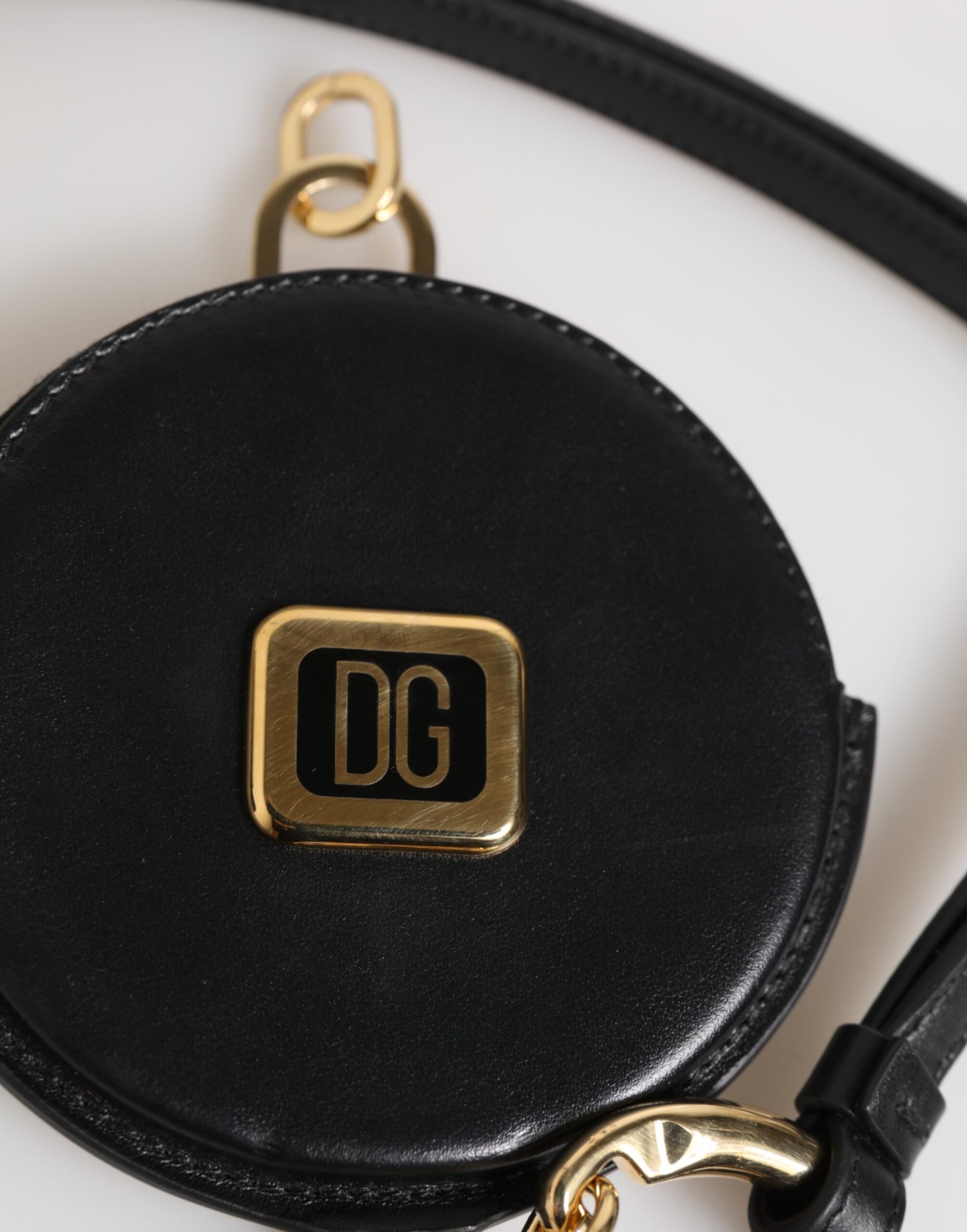 Cartera redonda de cuero negro DG Logo Coin Purse Lanyard