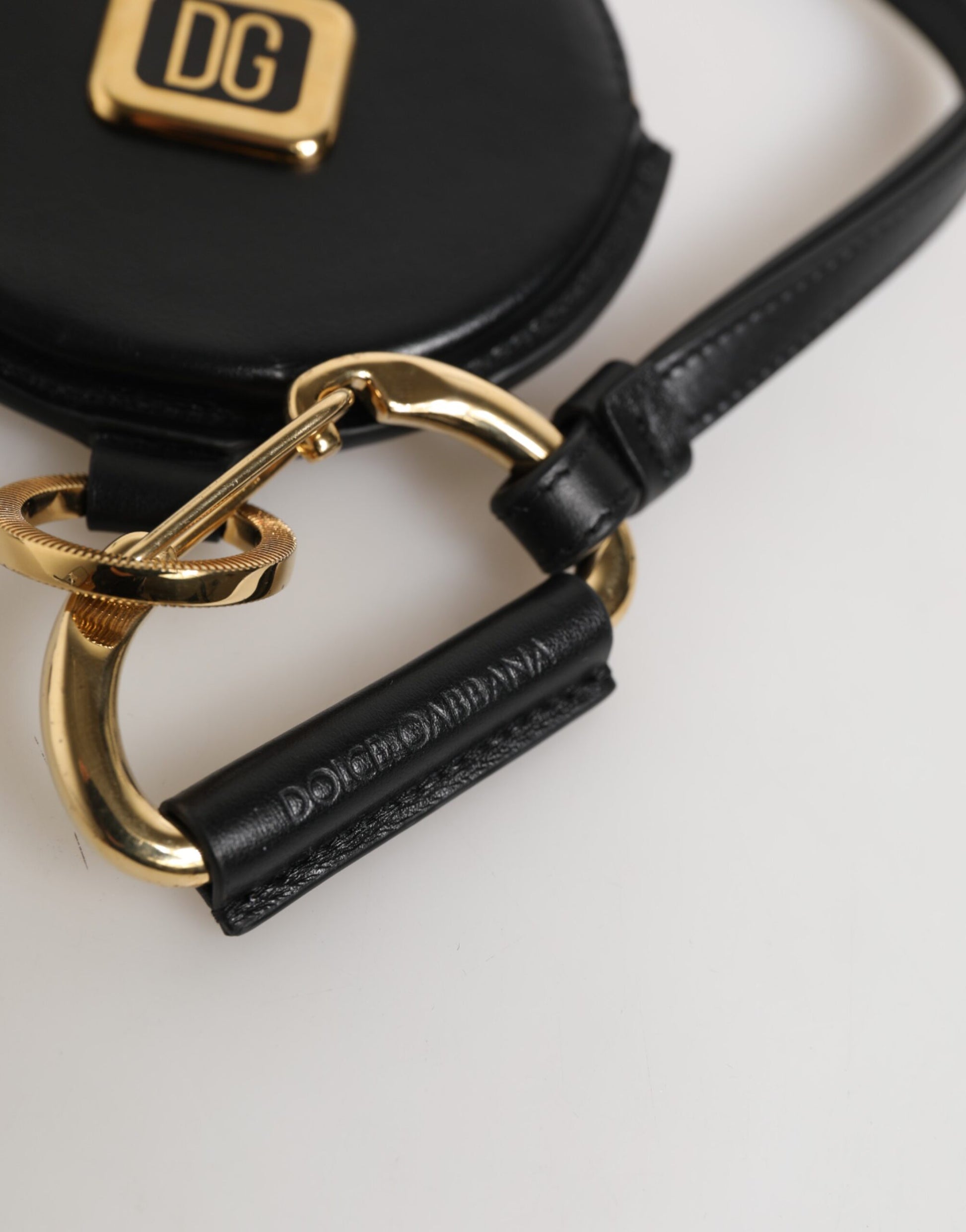 Cartera redonda de cuero negro DG Logo Coin Purse Lanyard