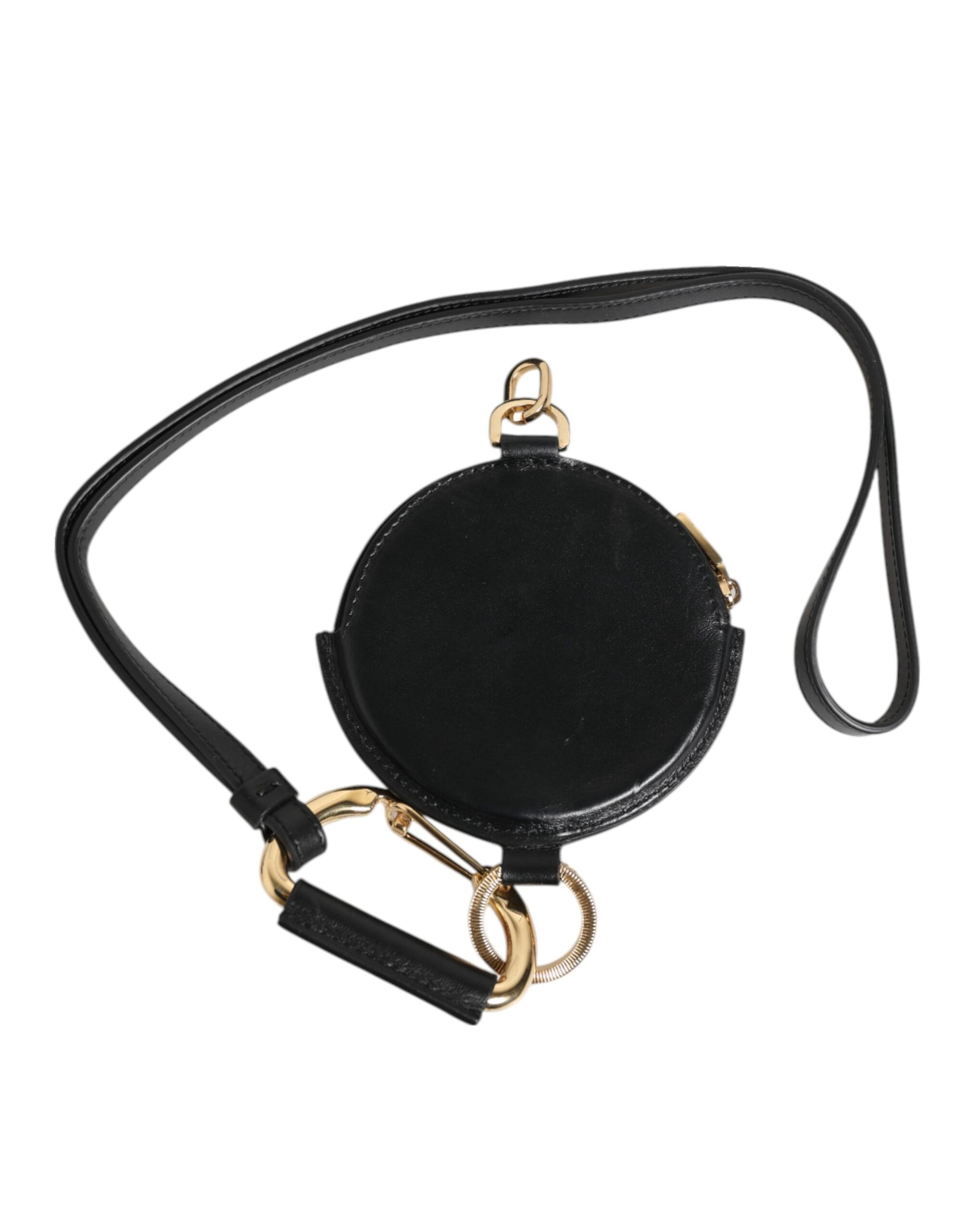 Cartera redonda de cuero negro DG Logo Coin Purse Lanyard