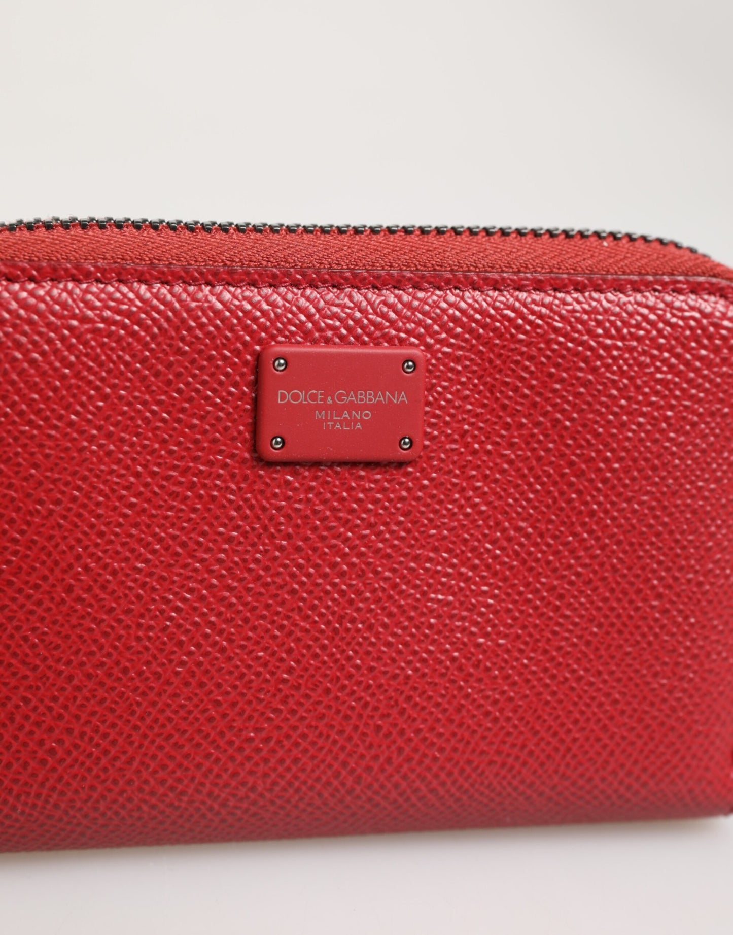 Red Leather Zip Around Logo Plaque Men Coin Purse Wallet