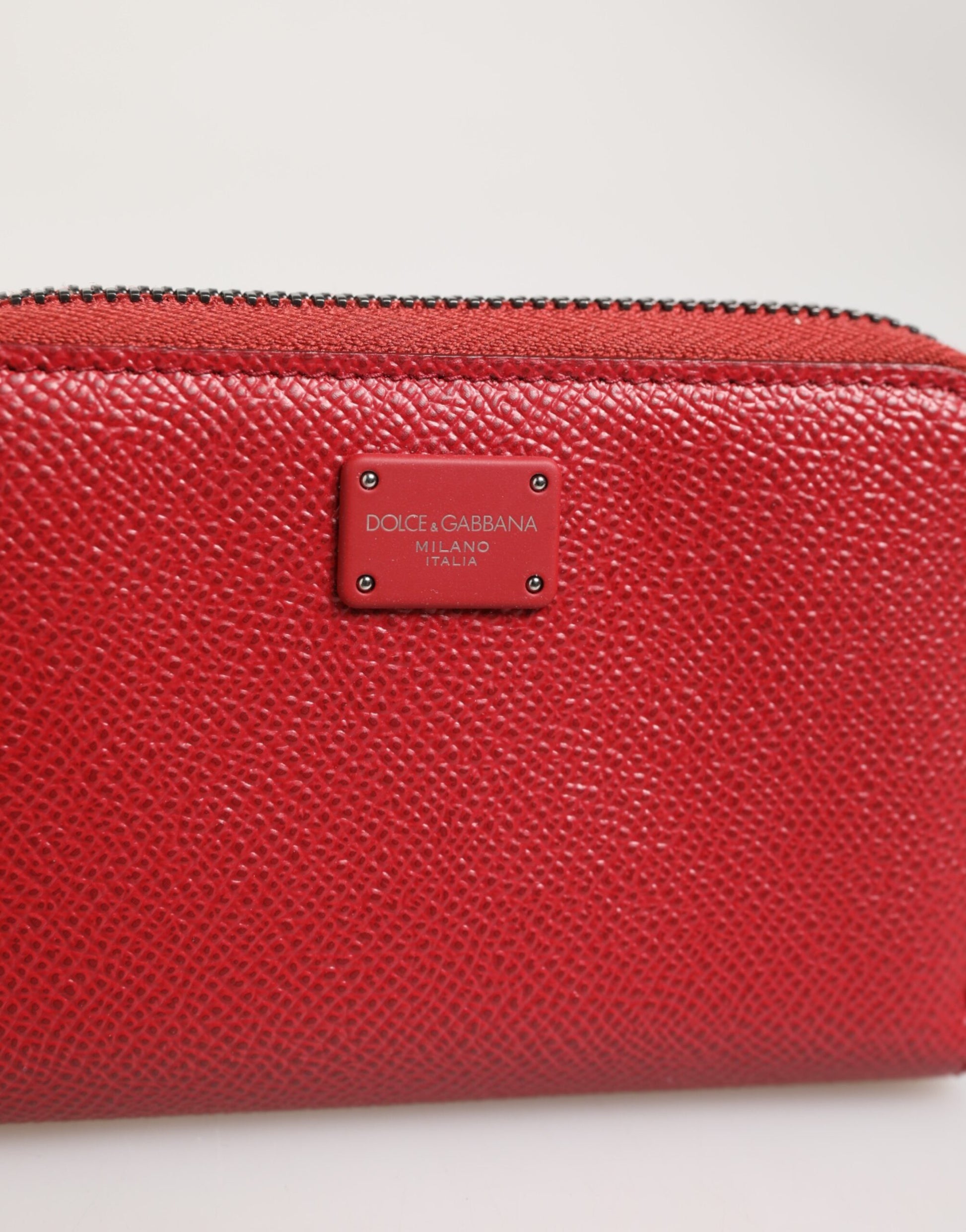 Red Leather Zip Around Logo Plaque Men Coin Purse Wallet