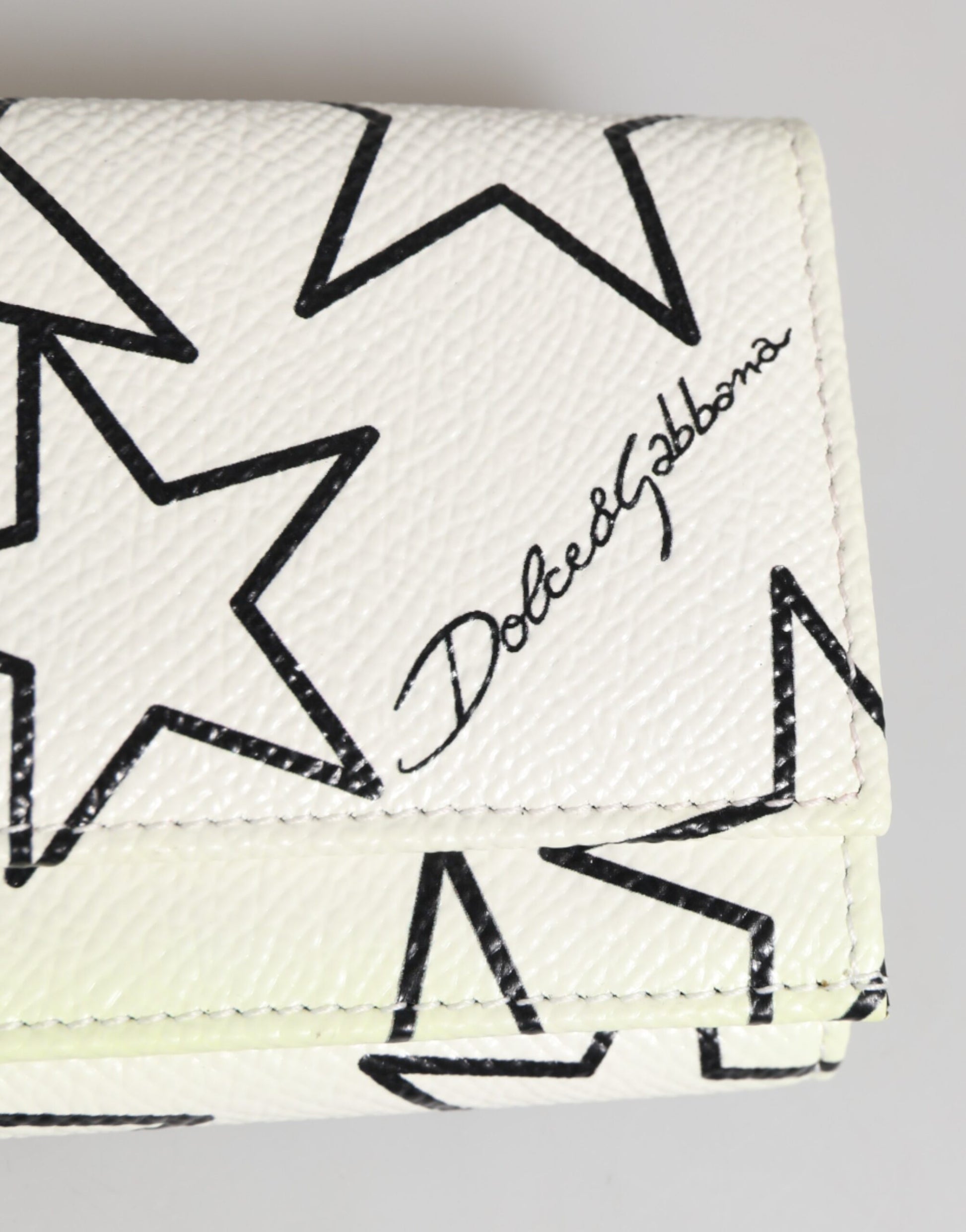 White Leather Black Star Print Trifold Card Holder Wallet