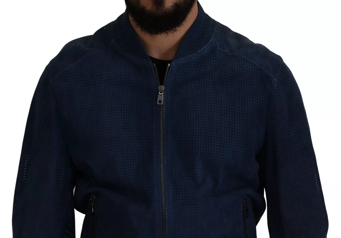 Chaqueta de piel azul perforada con cremallera entera