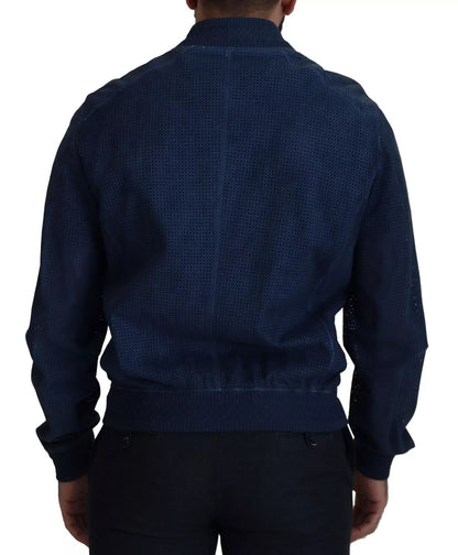 Chaqueta de piel azul perforada con cremallera entera
