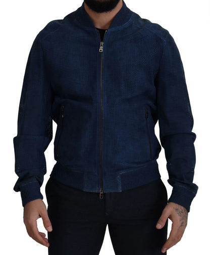 Chaqueta de piel azul perforada con cremallera entera