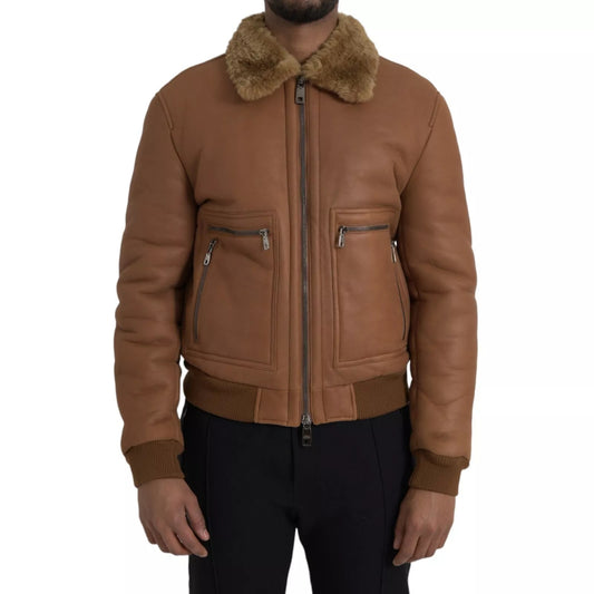 Brown Leather Fur Button Biker Coat Jacket