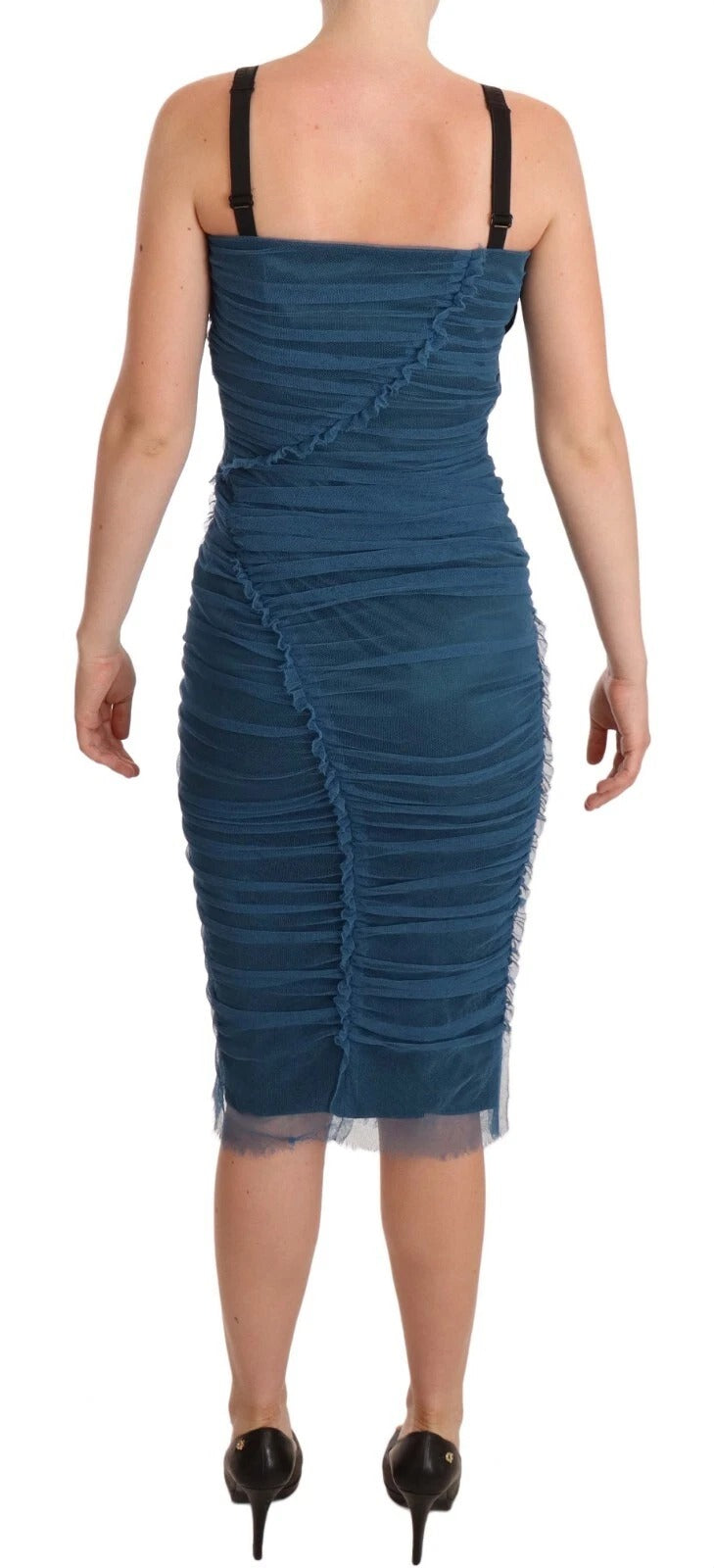 Vestido de novia de tul acanalado con ribete de malla azul