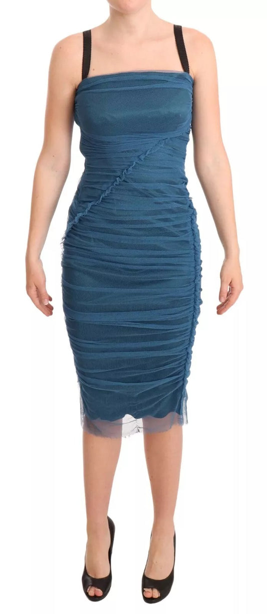Vestido de novia de tul acanalado con ribete de malla azul