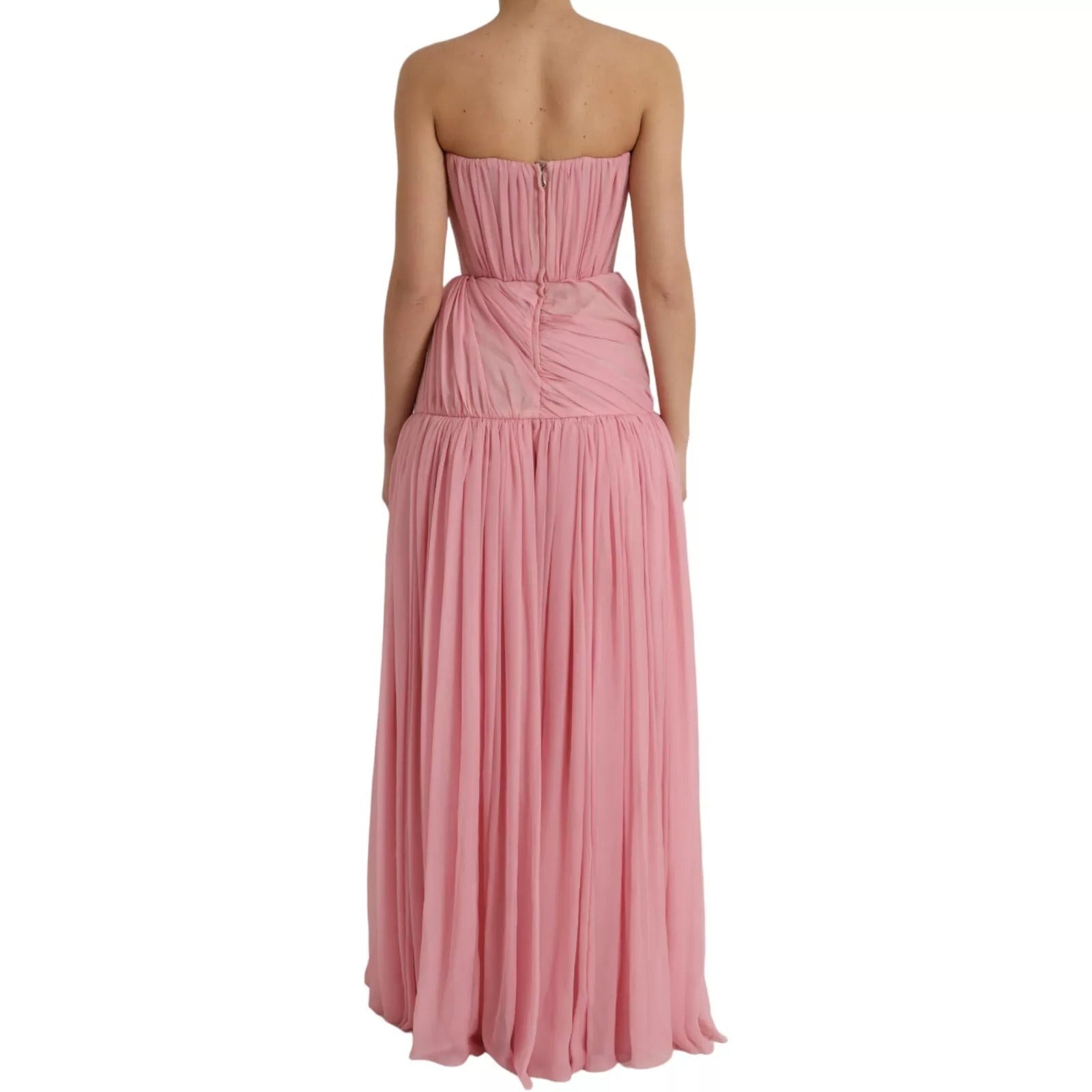 Maxi vestido de seda rosa sin tirantes en línea A