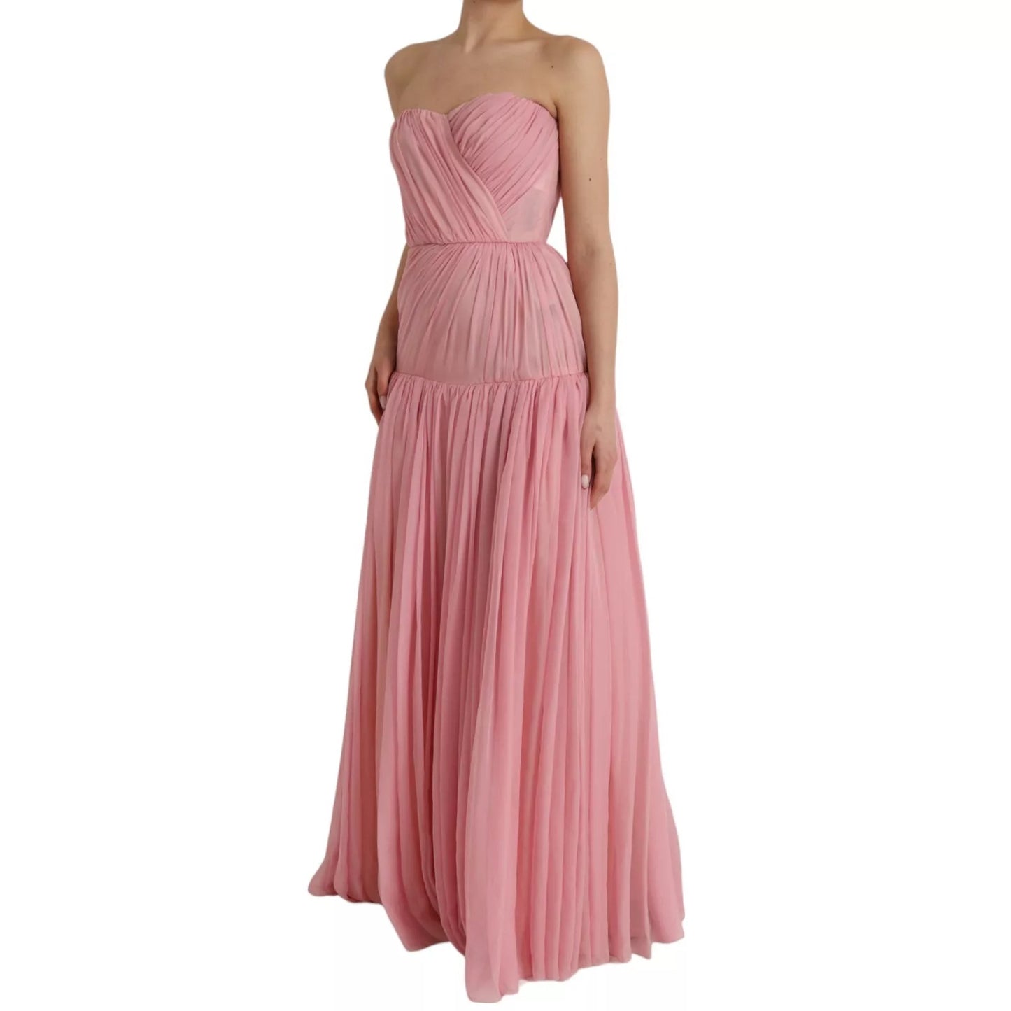 Maxi vestido de seda rosa sin tirantes en línea A