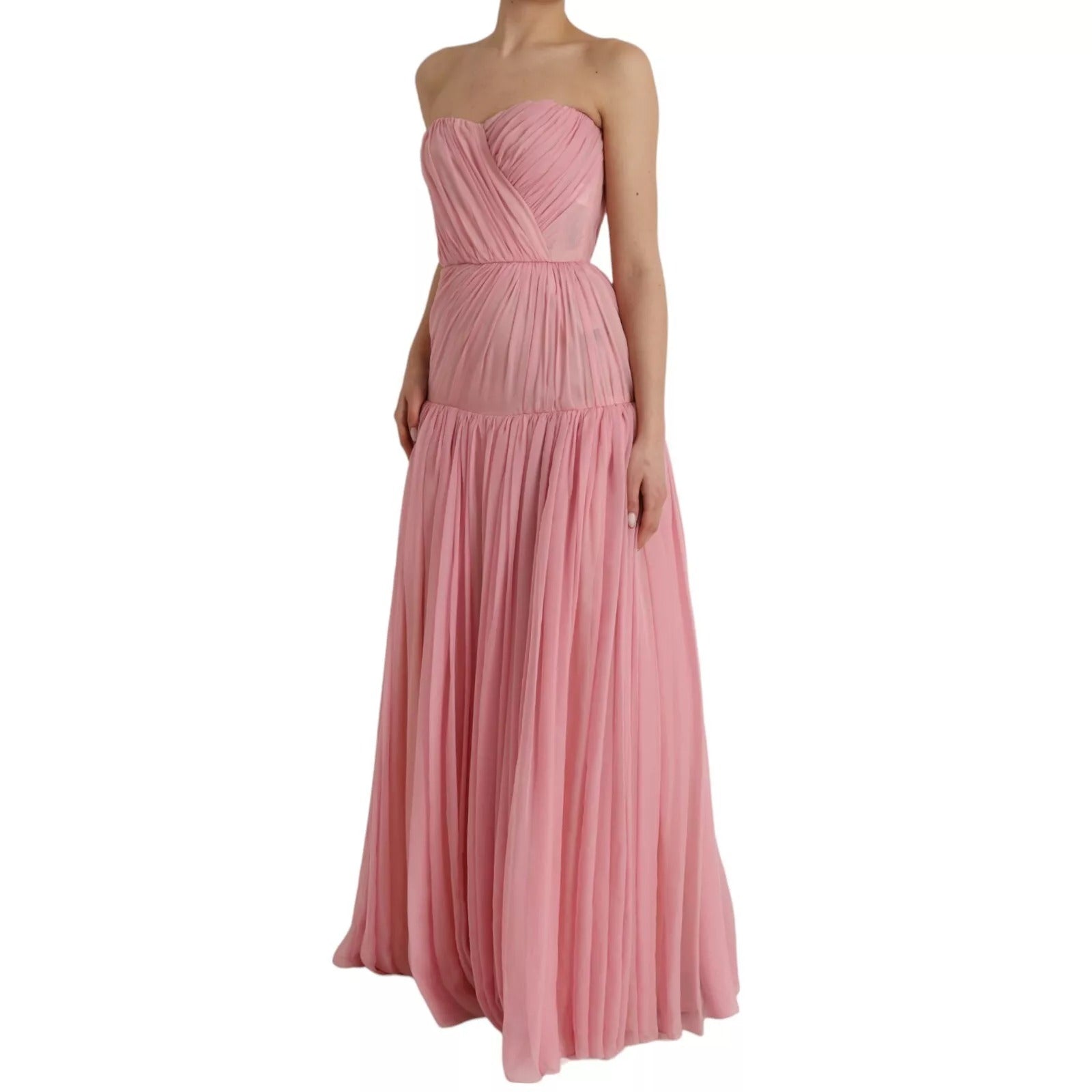 Maxi vestido de seda rosa sin tirantes en línea A