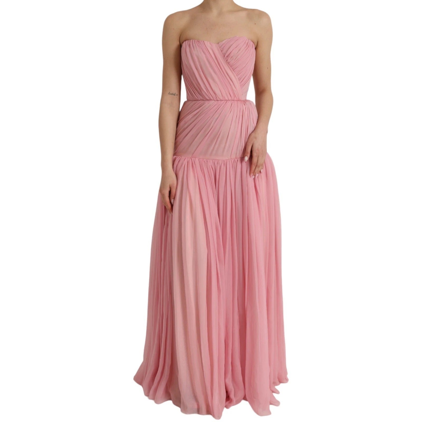 Maxi vestido de seda rosa sin tirantes en línea A