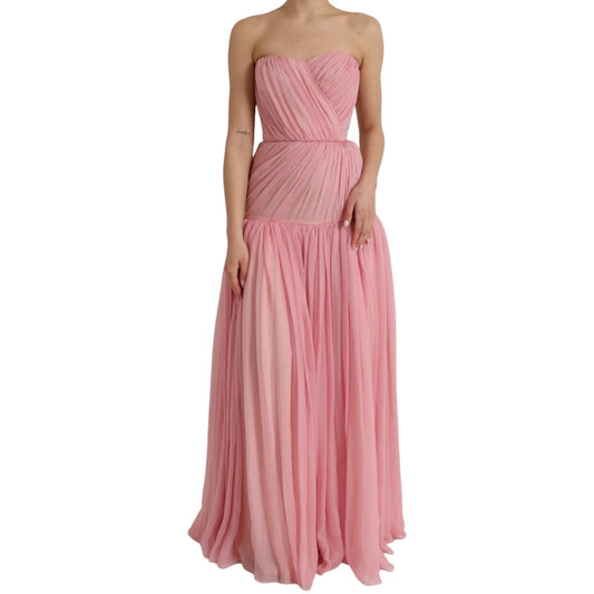 Maxi vestido de seda rosa sin tirantes en línea A