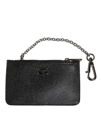 Black Leather Chain Link Mens Coin Purse Key Clip Holder Wallet