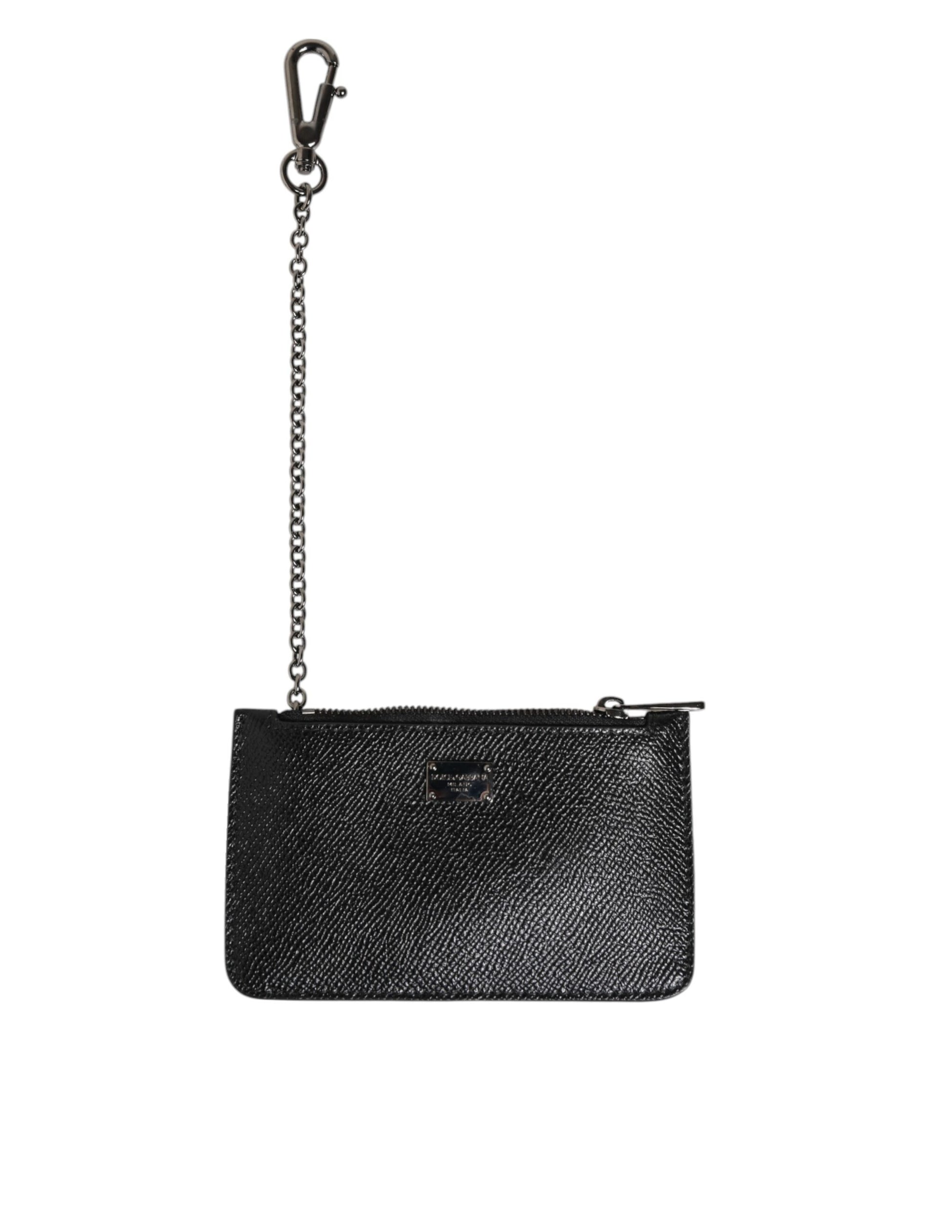 Black Leather Chain Link Mens Coin Purse Key Clip Holder Wallet