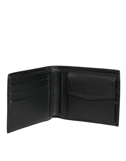 Black Leather Plaque Logo Bifold Men Card Holder Wallet