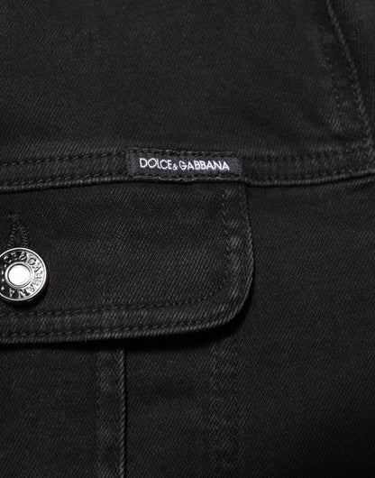 Black Cotton Denim Stretch Button Up Jacket