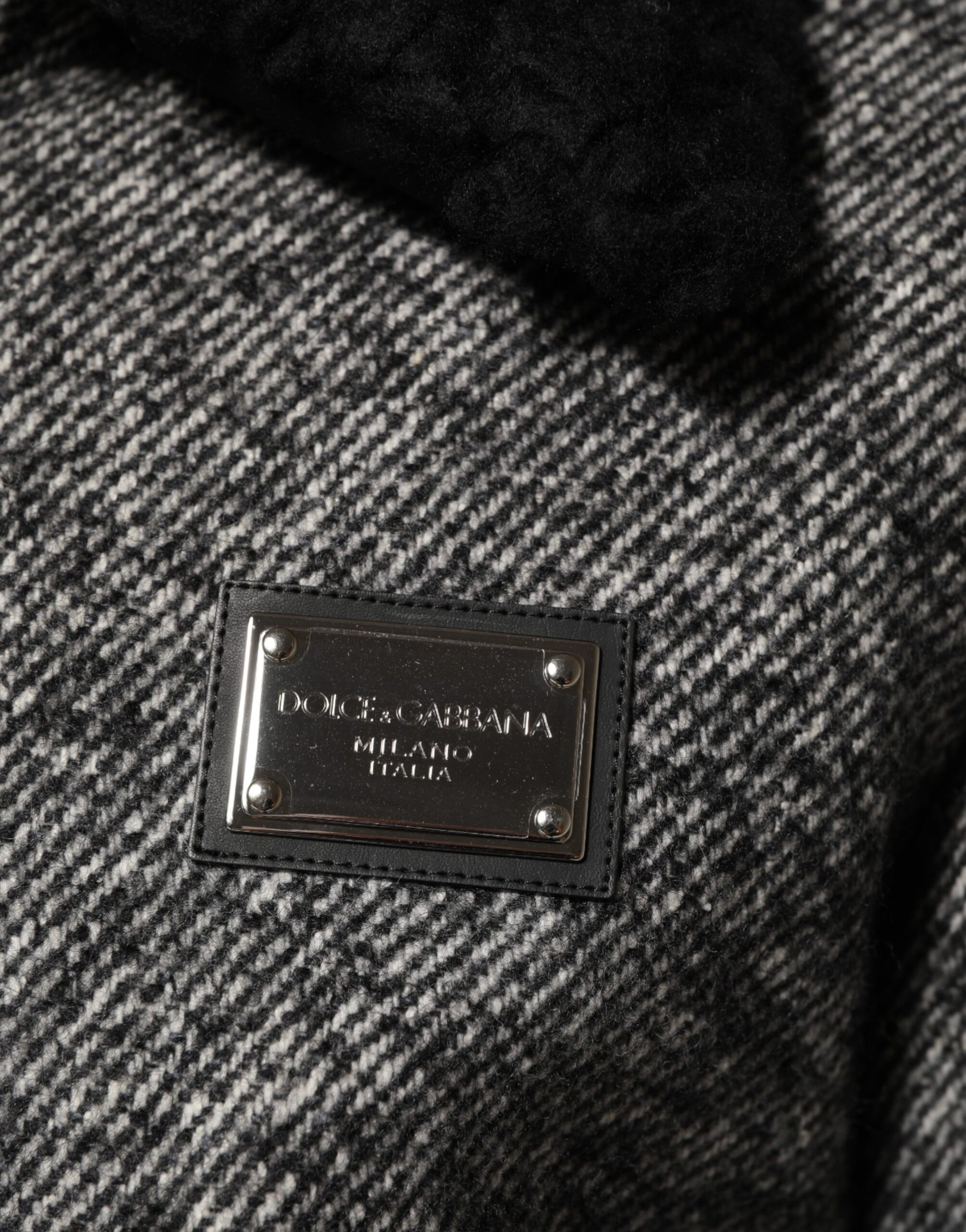 Gray Wool Herringbone Shearling Collar Bomber Jacket