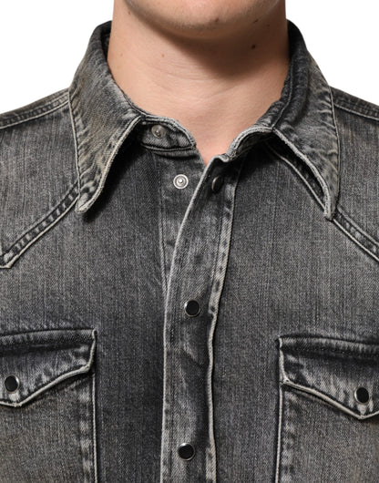 Black Washed Cotton Snap Long Sleeve Casual Shirt