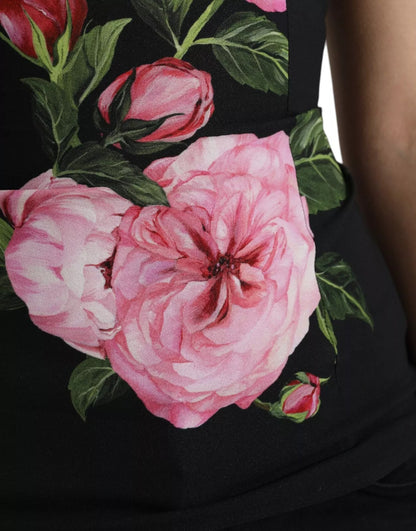 Black Floral Viscose Round Neck Tank Top