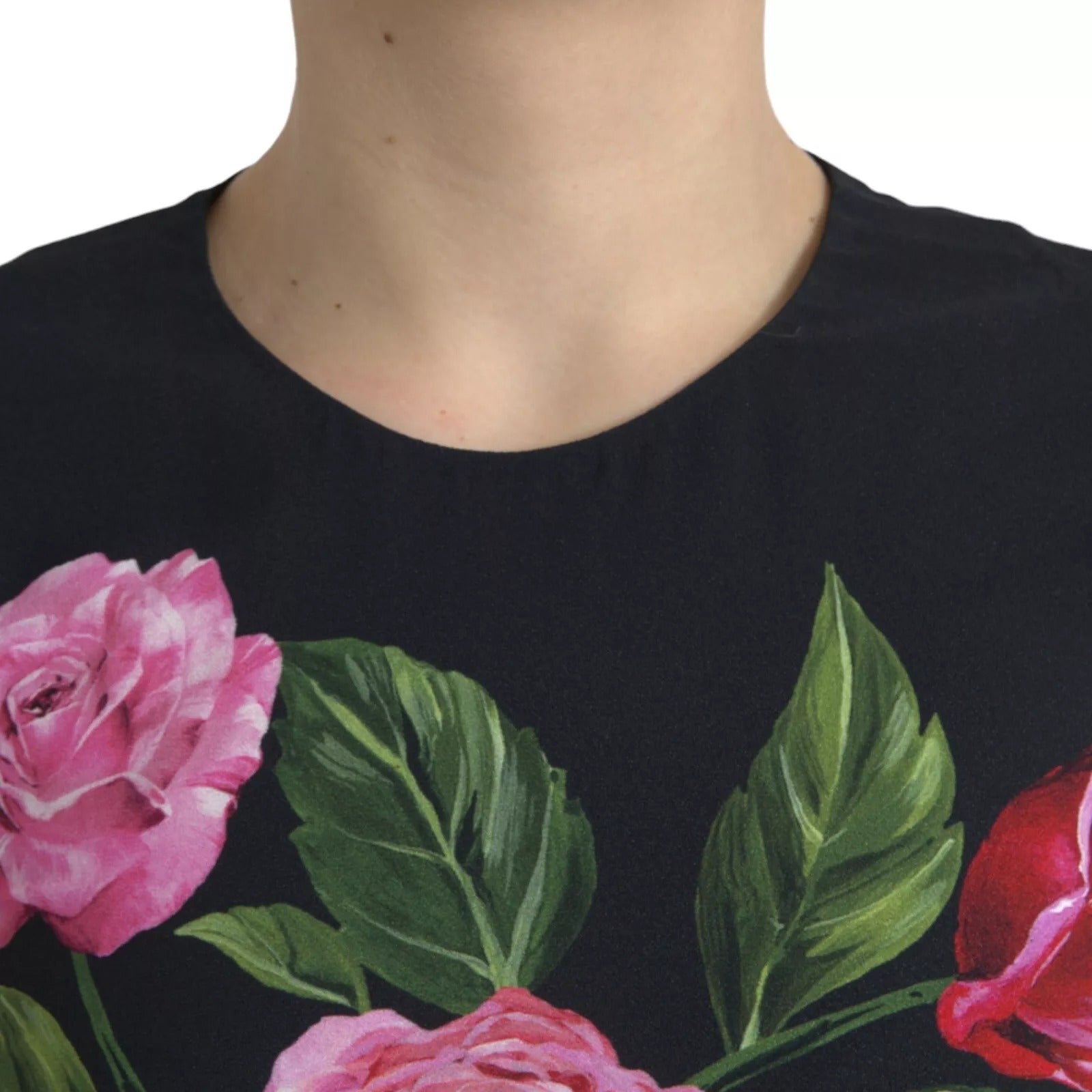 Black Floral Viscose Round Neck Tank Top