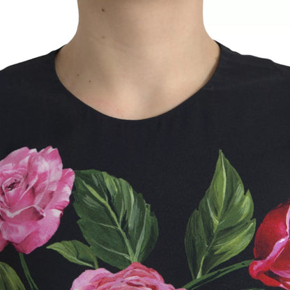 Black Floral Viscose Round Neck Tank Top