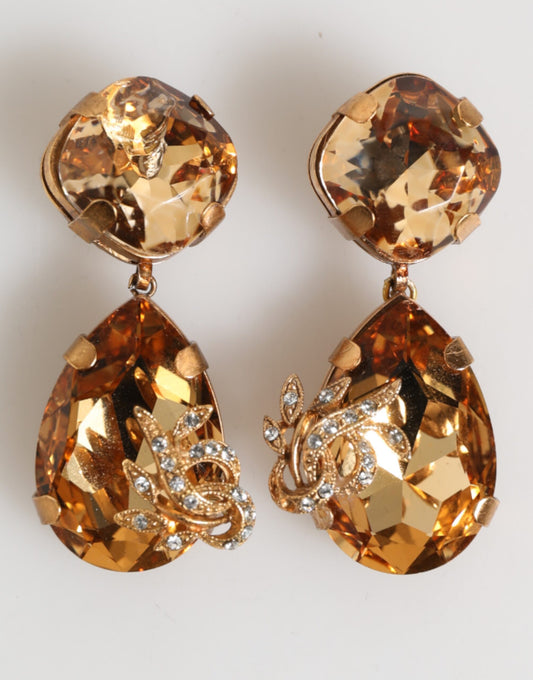 Gold Crystal Drop Clip-On Strass Floral Jewelry Earrings
