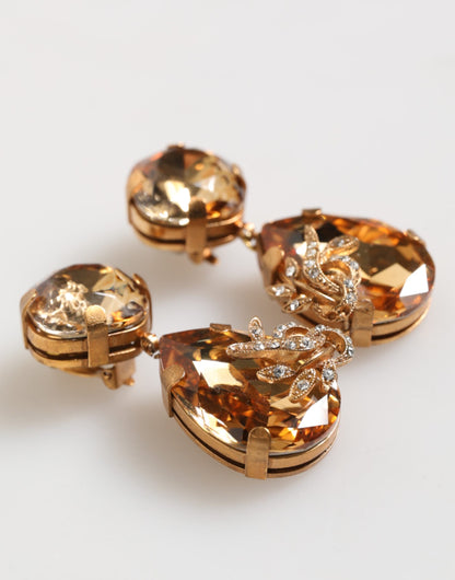Gold Crystal Drop Clip-On Strass Floral Jewelry Earrings
