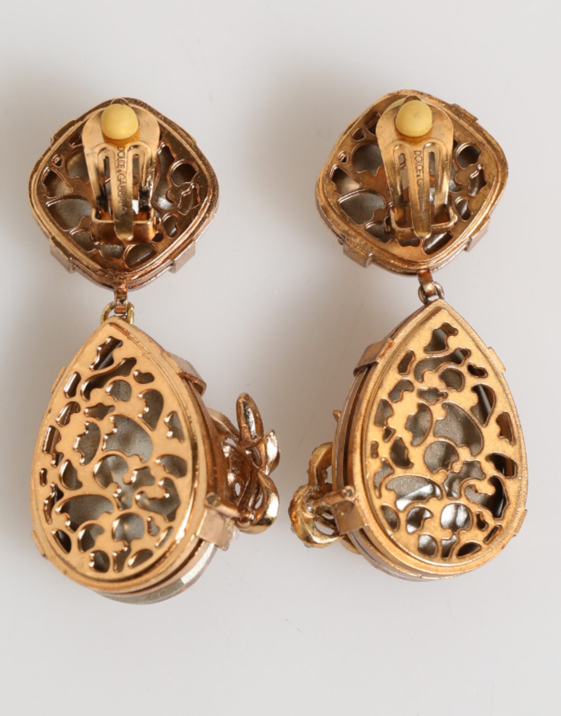 Gold Crystal Drop Clip-On Strass Floral Jewelry Earrings