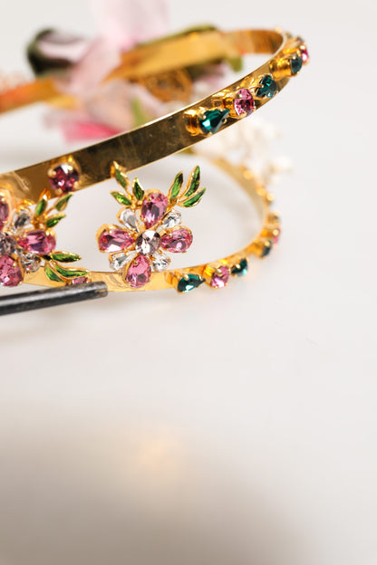 Gold Floral Tiara Pink Roses Crystal Crown Headband