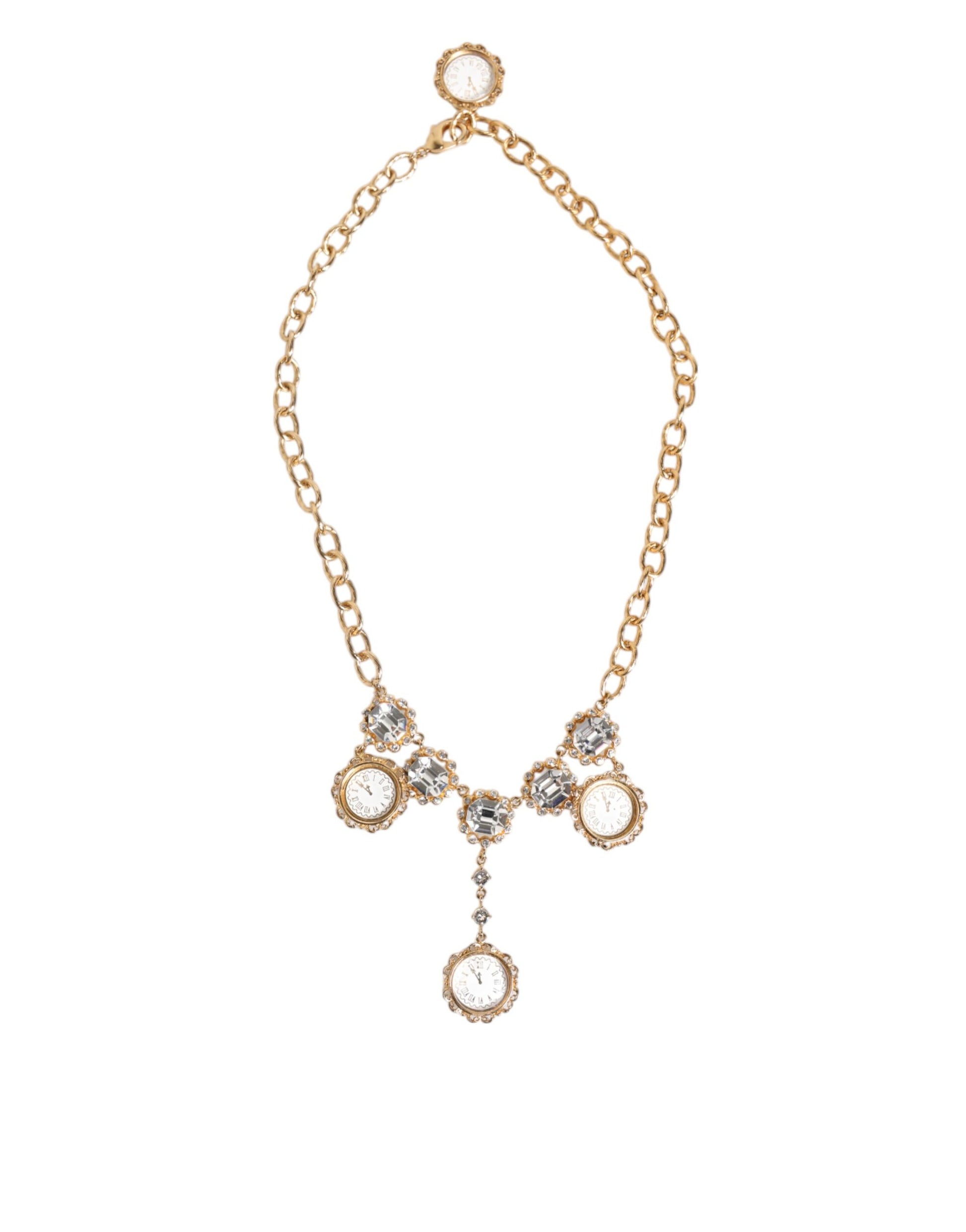 Gold Crystal Clock Face Pendant Statement Jewelry Necklace