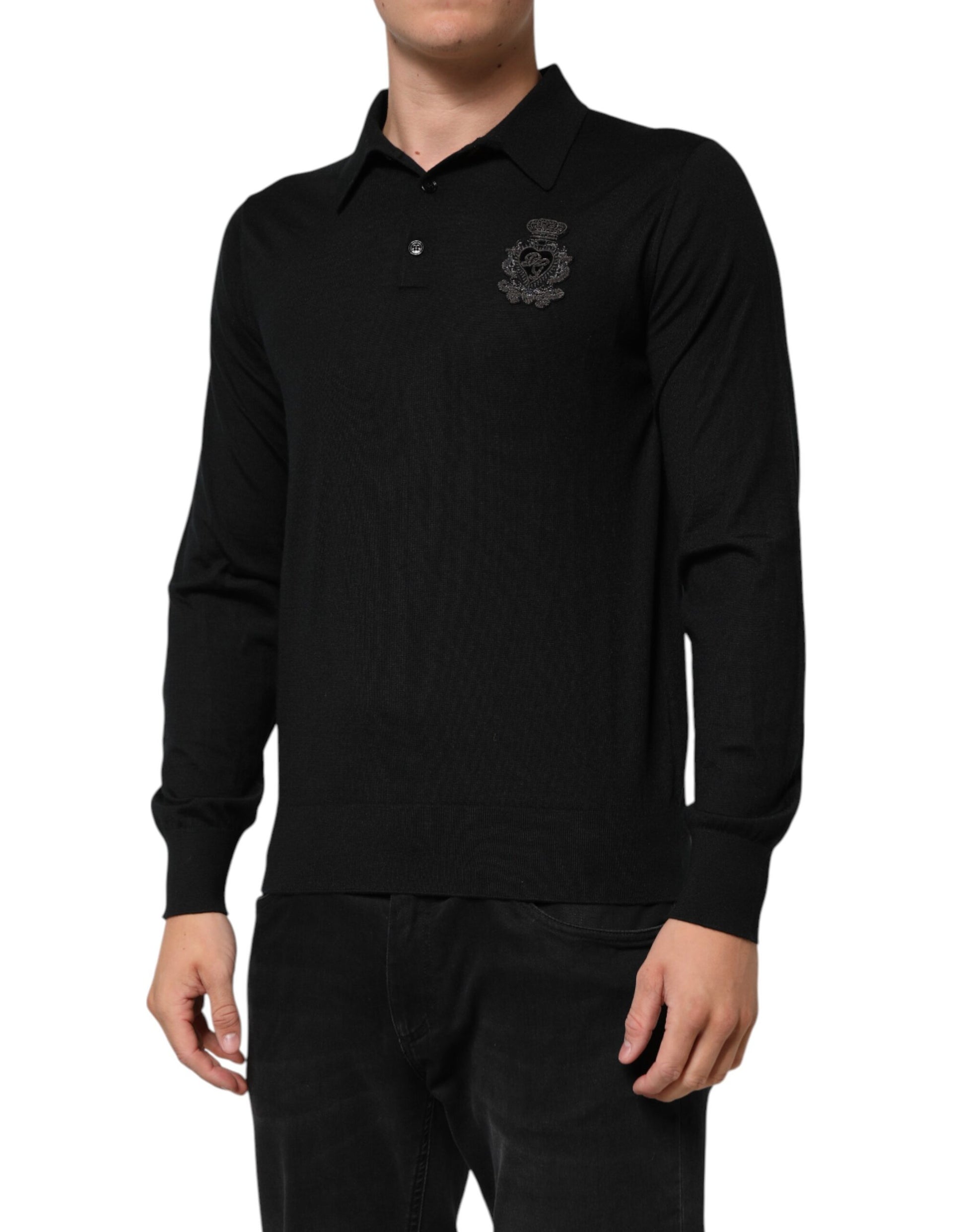 Black Logo Patch Collared Pullover Sweater