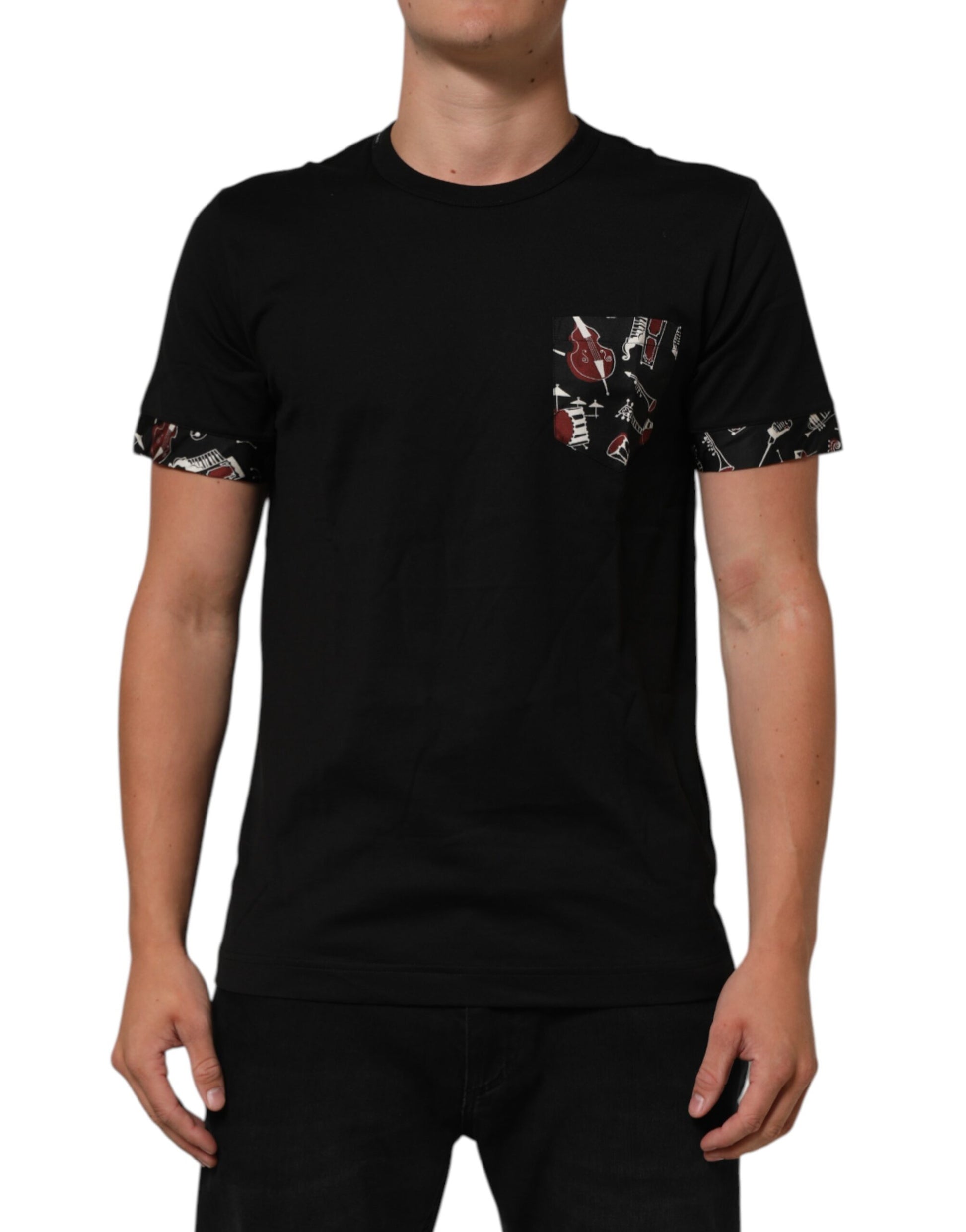 Black Musical Print Cotton Crew Neck T-shirt