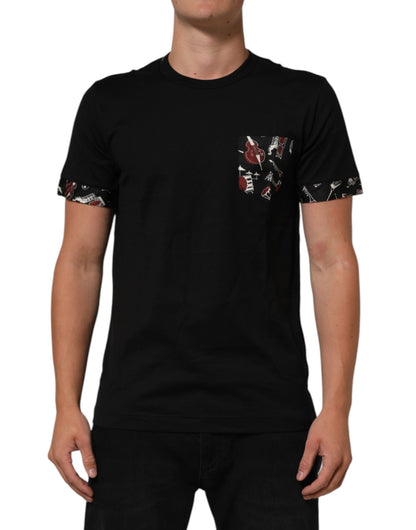 Black Musical Print Cotton Crew Neck T-shirt