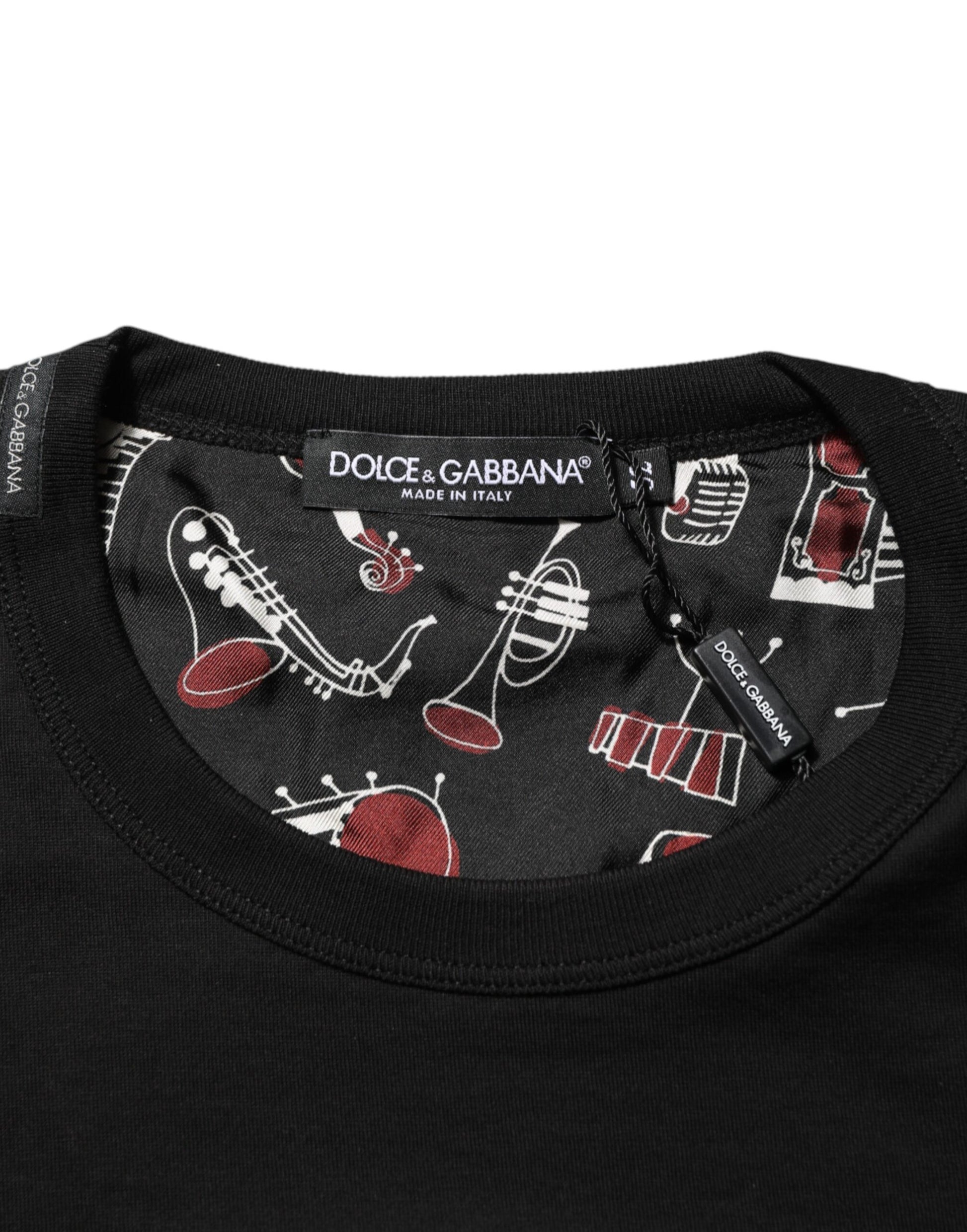 Black Musical Print Cotton Crew Neck T-shirt