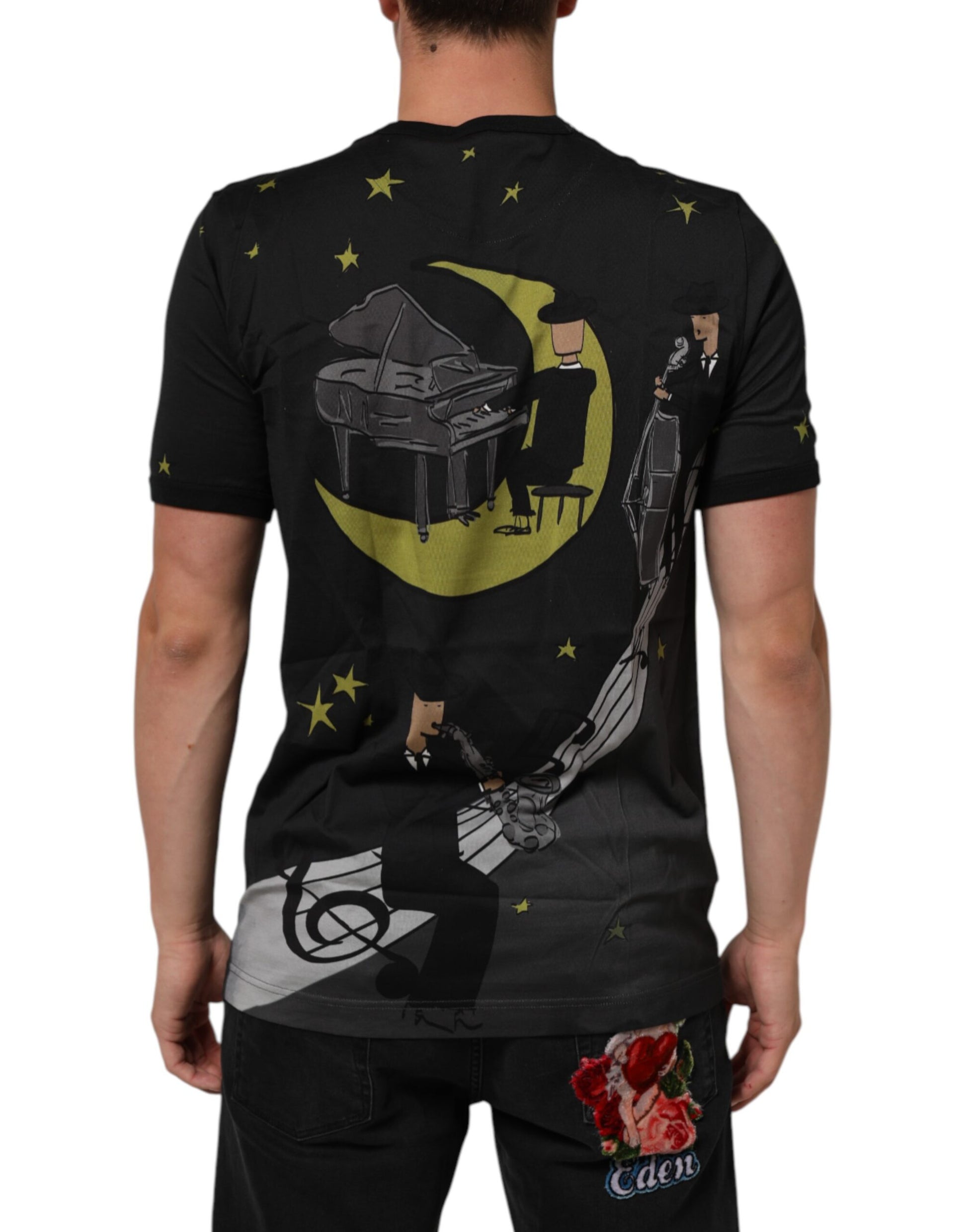 Black Musical Print Cotton Crew Neck T-shirt
