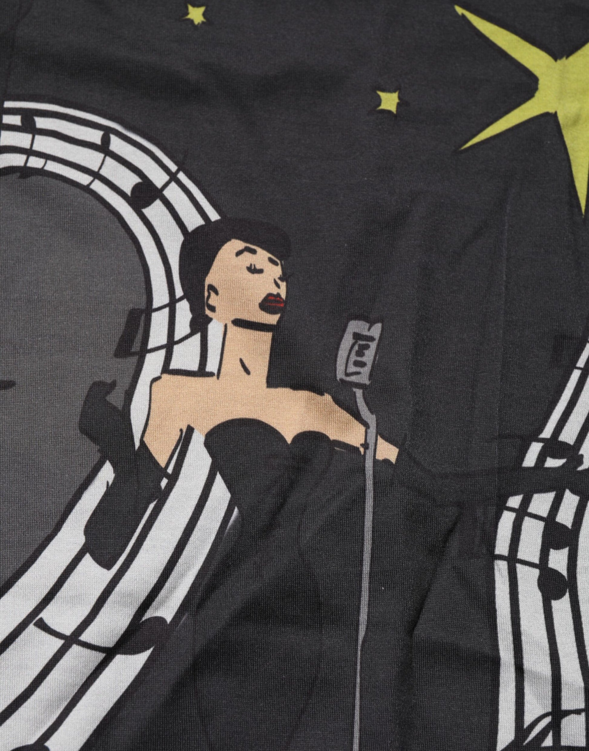 Black Musical Print Cotton Crew Neck T-shirt