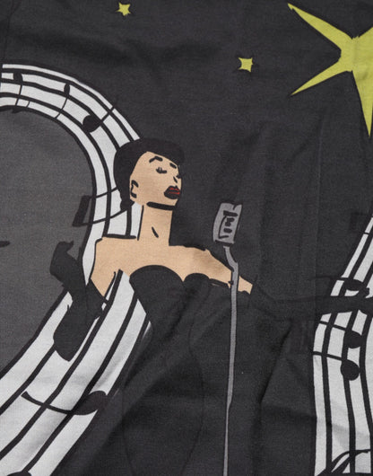 Black Musical Print Cotton Crew Neck T-shirt