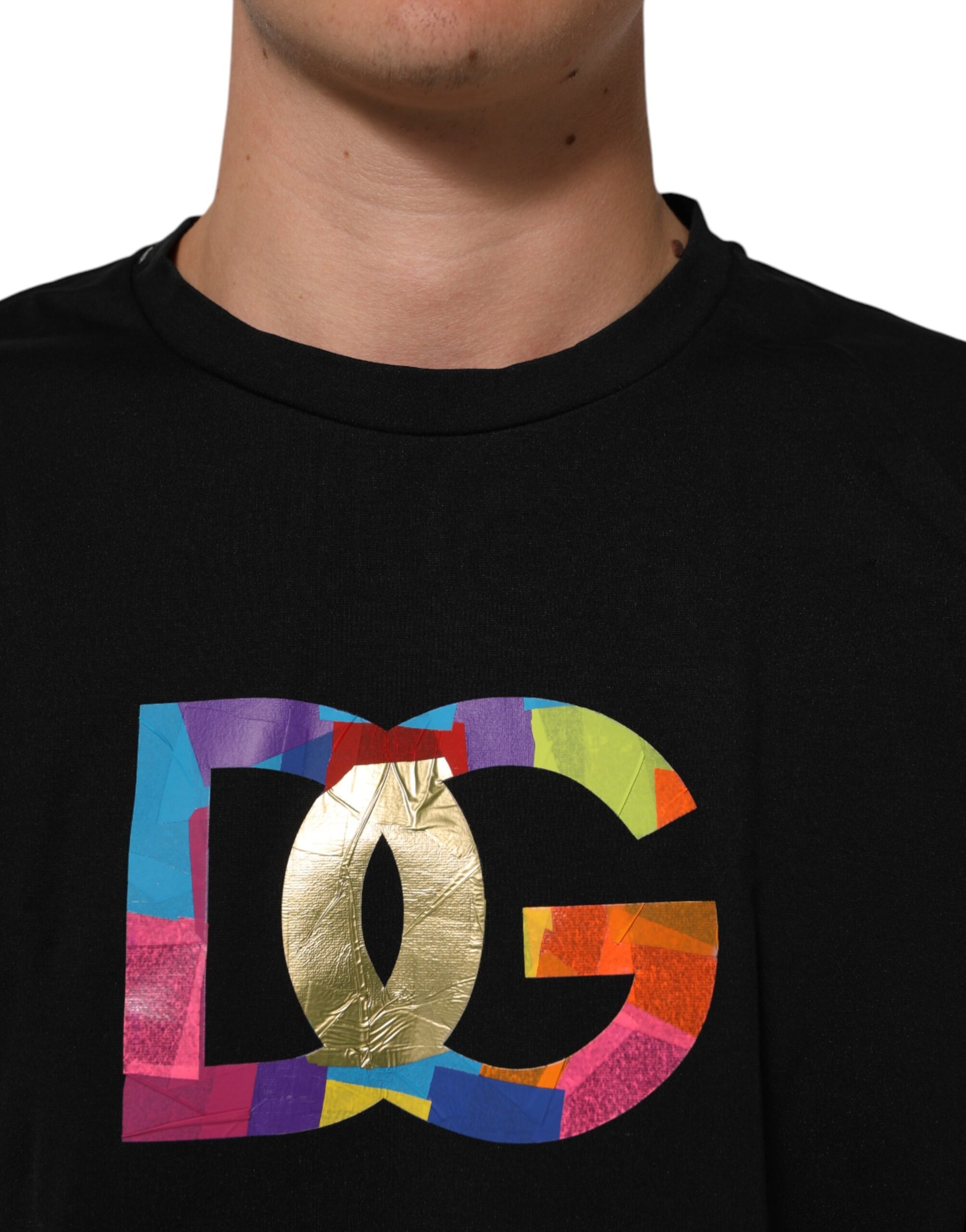 Black Logo Print Cotton Men Crew Neck T-shirt