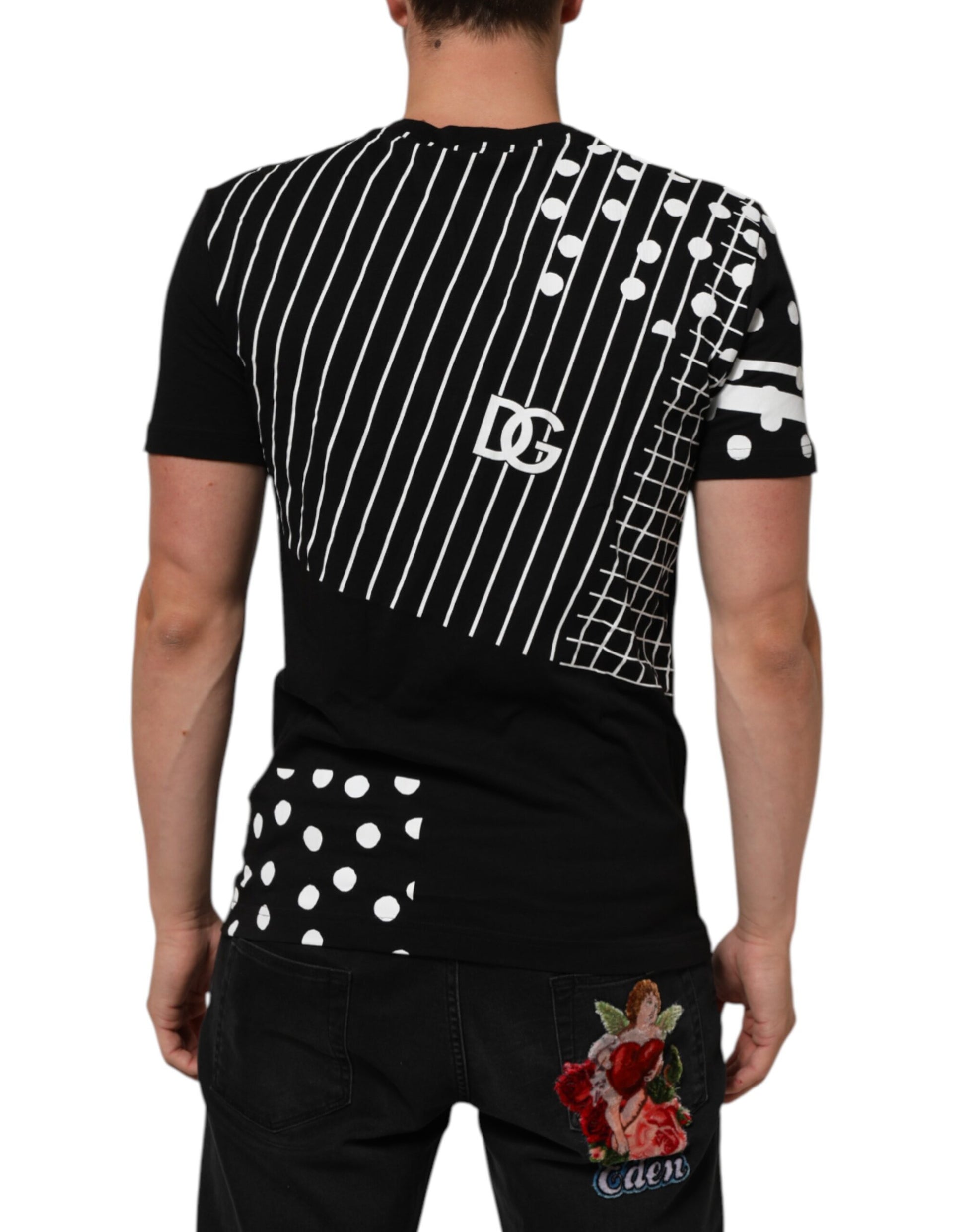 Black Cotton Polka Dots Round Neck T-shirt