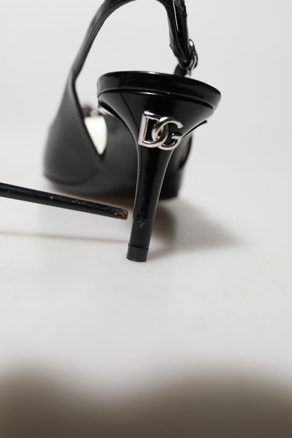 Black Patent Leather Crystal Slingback Shoes