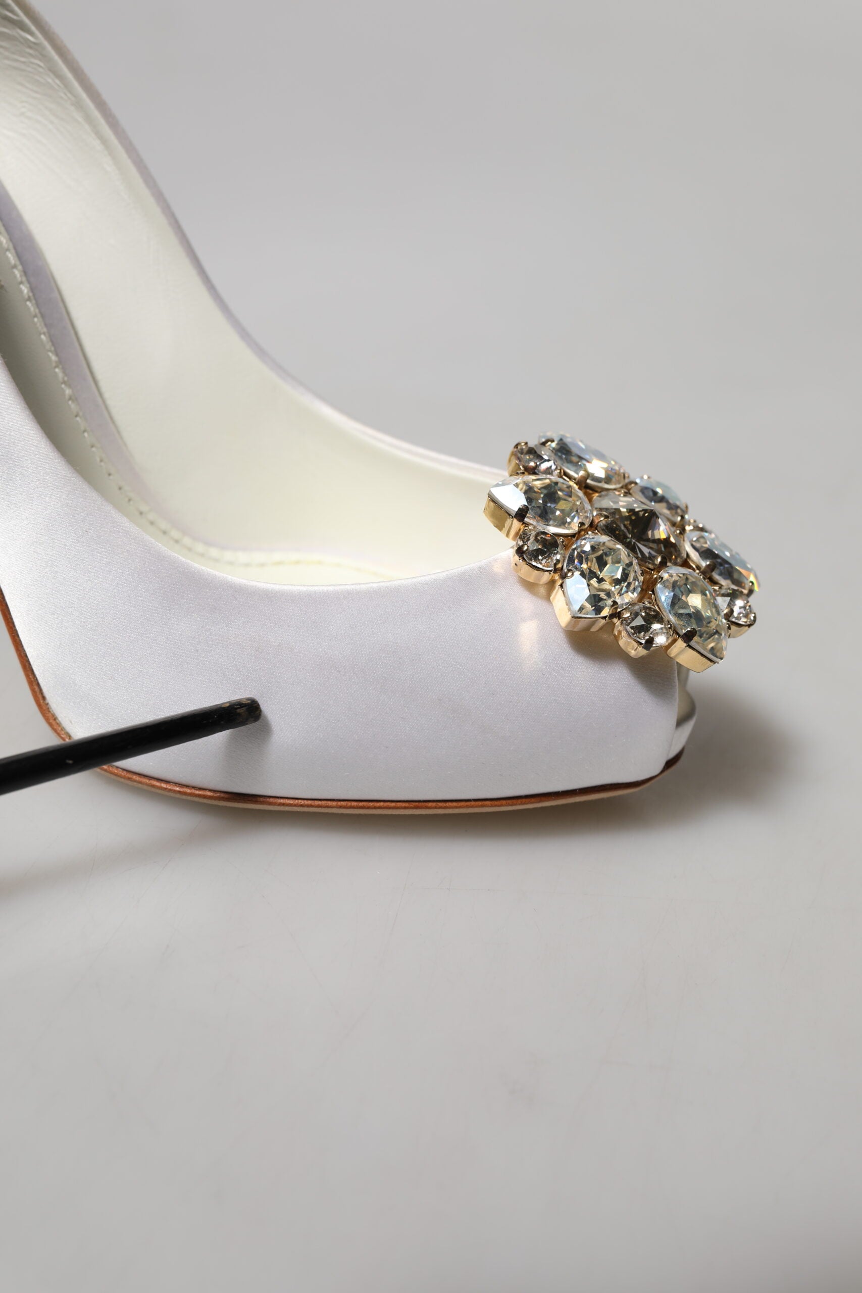 White Crystals Peep Toe Satin Pumps Shoes