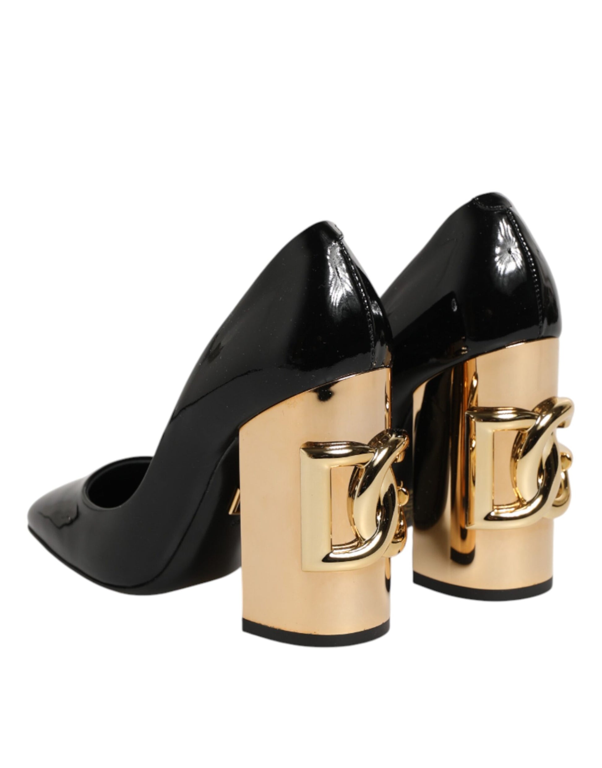 Black Gold Patent Leather Logo Heels Pumps Shoes