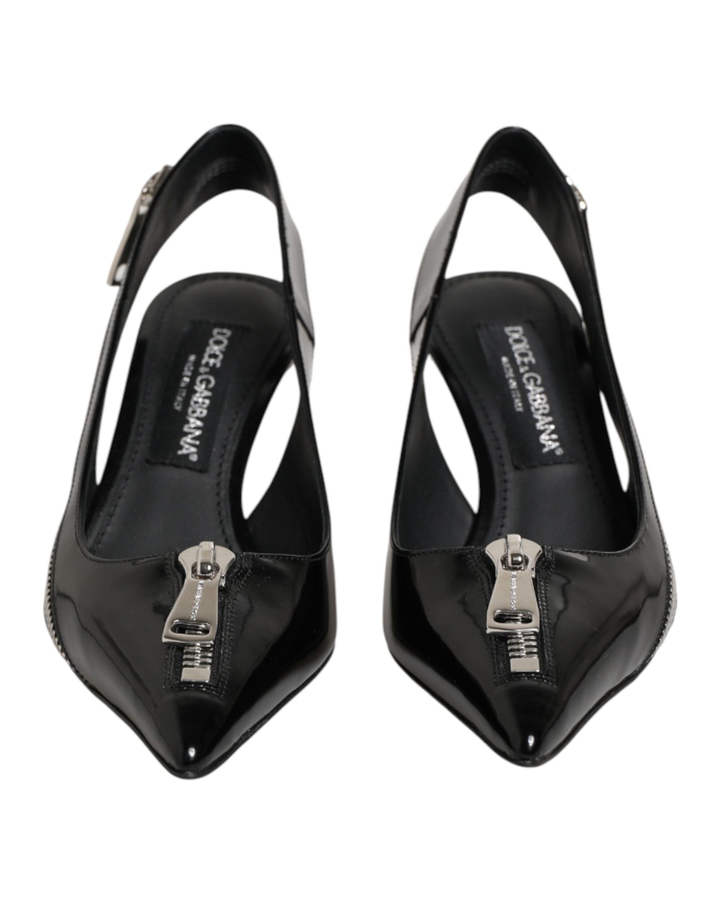 Black Zipper Leather Heels Slingbacks Shoes