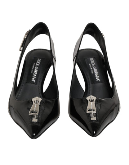 Black Zipper Leather Heels Slingbacks Shoes
